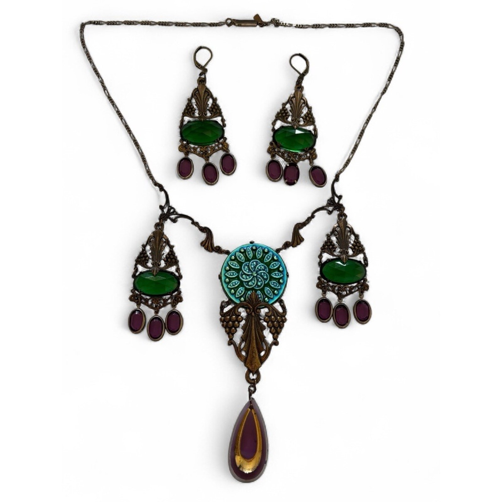 Sadie Green Art Nouveau Revival Bronze & Purple Green Glass Necklace Earring Set